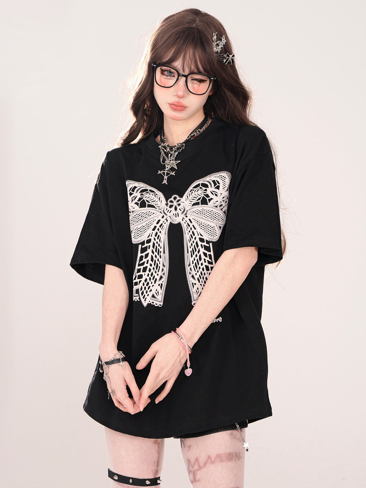 Lace Black Ribbon Loose T-Shirt