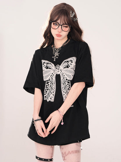 Lace Black Ribbon Loose T-Shirt