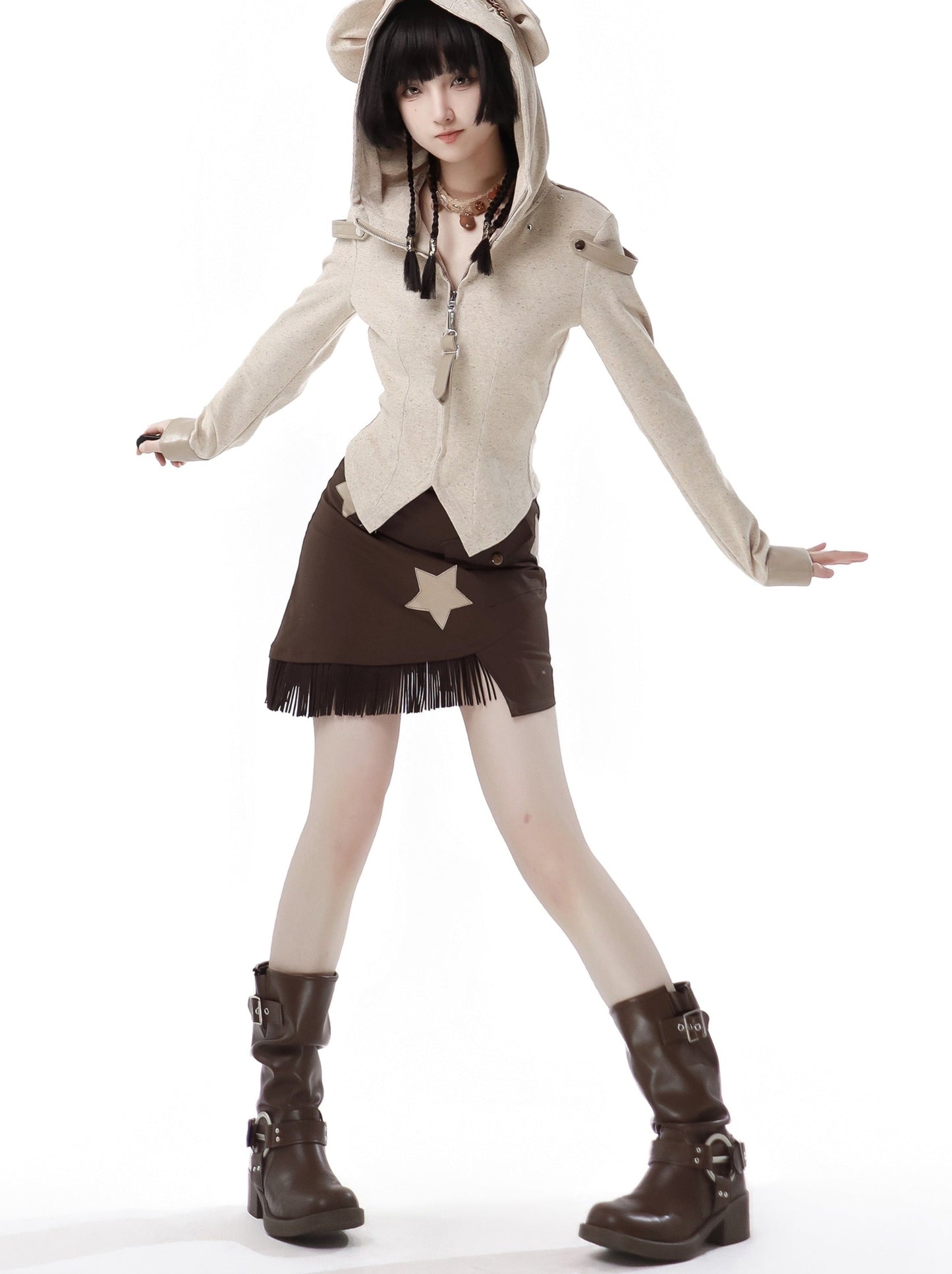 デザインスプリットワンダーベアニットトップショールメイラード