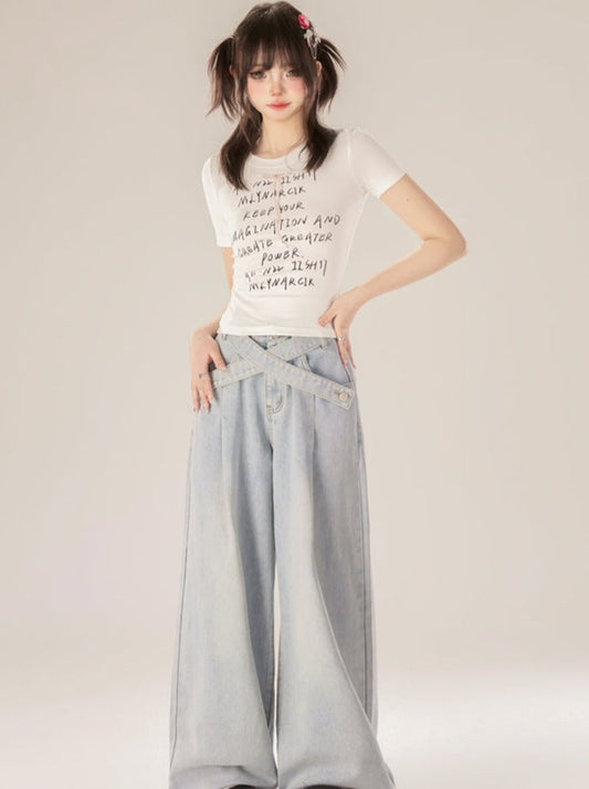 Straight Denim Loose Retro Pants Cross-belted
