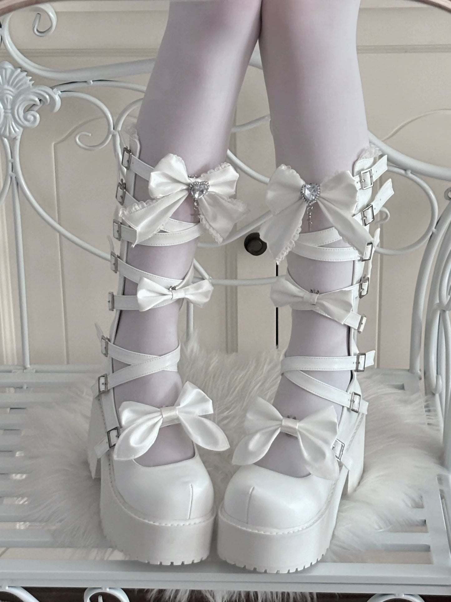 Night Cherry Gothic Lace Hollow Platform Mid-Calf Boots