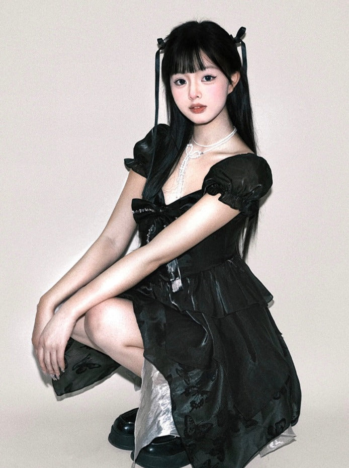 ノースリーブボウブラックパフリボンドレス