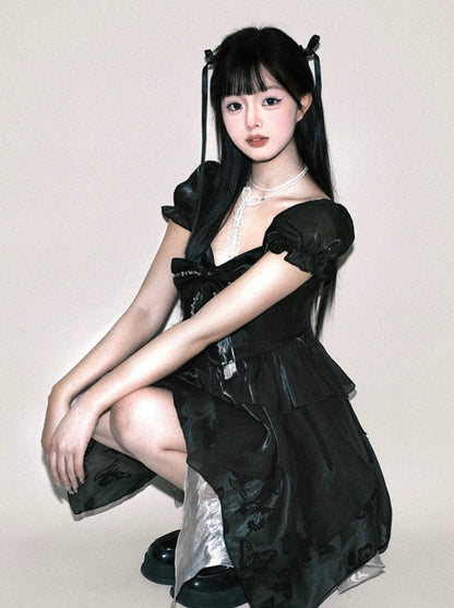 ノースリーブボウブラックパフリボンドレス