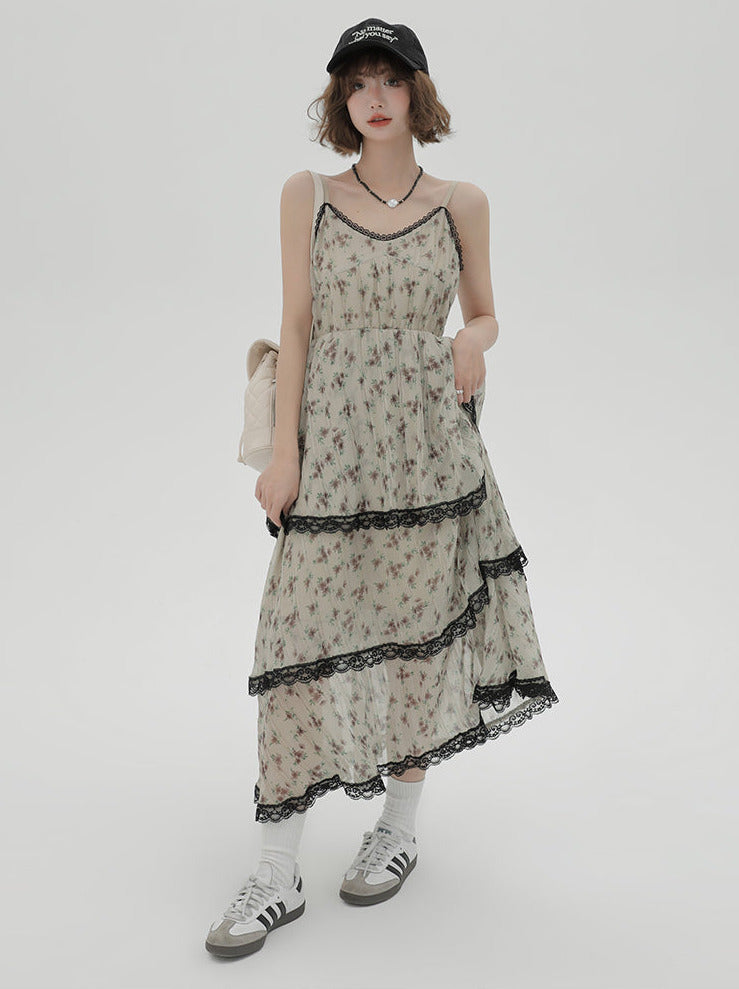 ドレス プリント サスペンダー ティアード フローラル レース