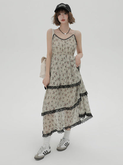 ドレス プリント サスペンダー ティアード フローラル レース