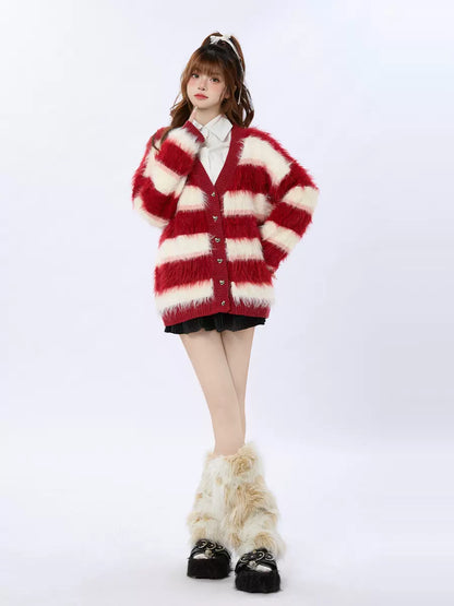 ニットストライプカーディガン レトロレッド
