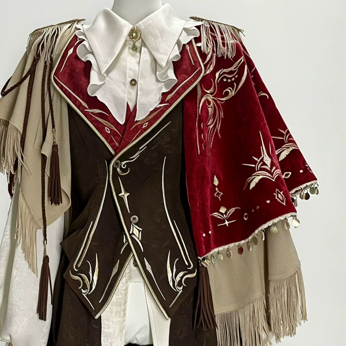 Burgundy cape embroidery and epaulette detail — ZERO The Fool collection