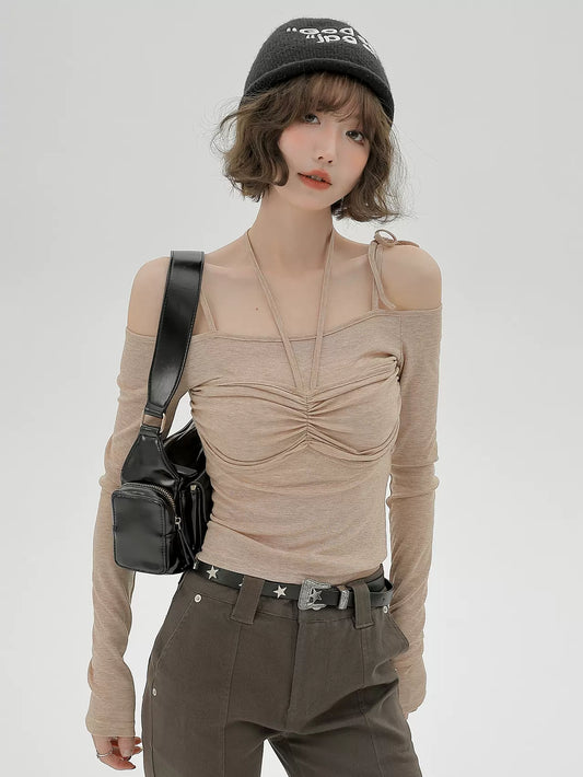 ショルダーリボンホルターネックトップオフ
