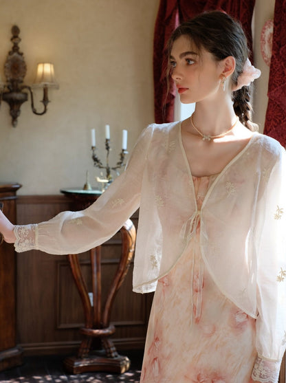 ロングサスペンダードレス フラワーブラウス カーディガン + シアー