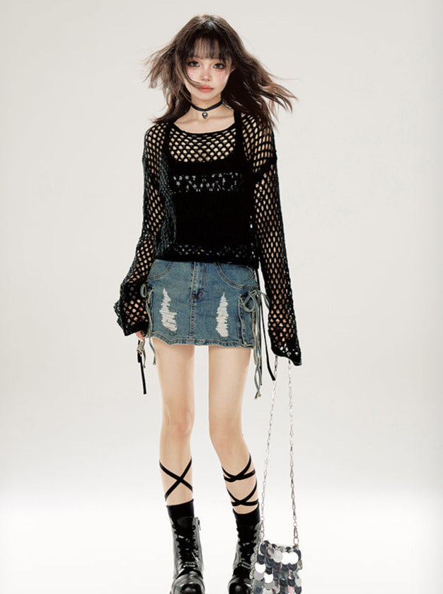 Pullover Black Sheer Loose Knit Cutout