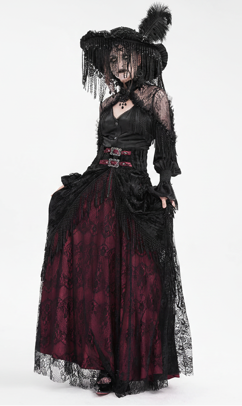 EVA LADY High-Waist Rose Embossed Velvet Fringe Skirt