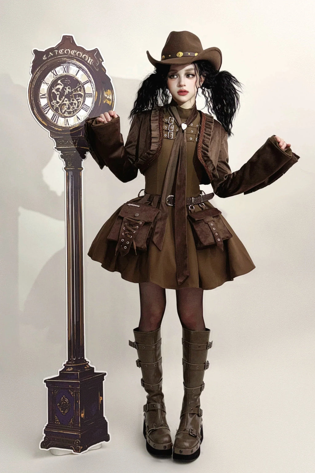 Steampunk Brown x Gothic Black Mode Buckle High Collar Puff Sleeve Doll Dress