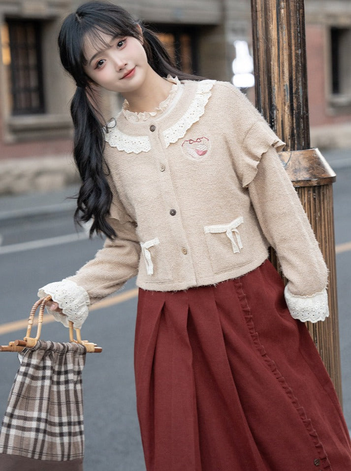 Rock Lang Cardigan Retro Creme Plissee