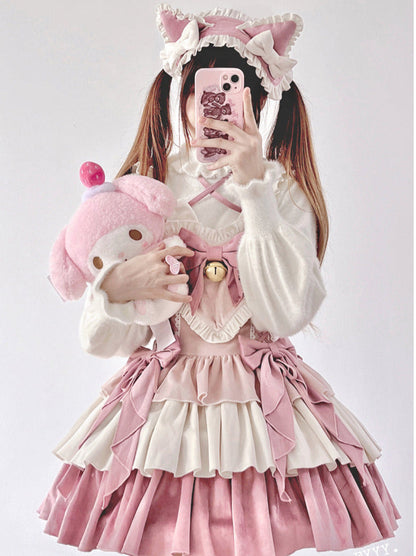 サスペンダードレスセット 耳付きベルベットテールヘアバンド フリル ふわふわ猫ハート