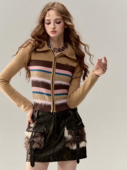 カラフルなストライプ柄ニットカーディガン