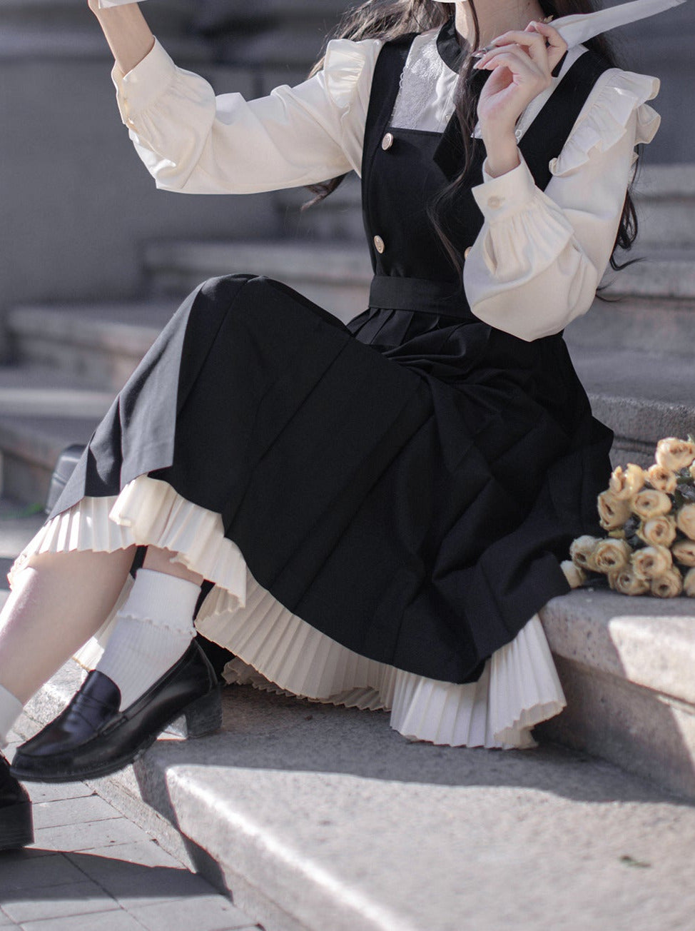 Plissee-Rüschenband College-Kleid Hemd Zubehör Retro Hosenträger + Elegante Lagen Schulter + Spitze