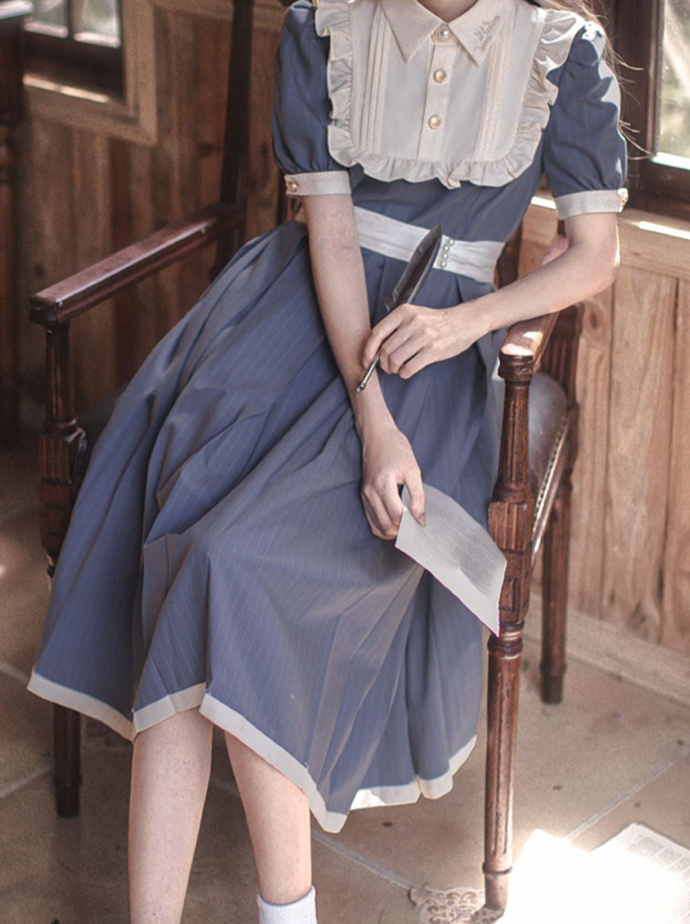 Retro Taillenkragen Sommergürtel Weißes Kleid Rüschen