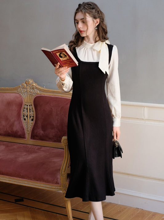 Ribbon Black Lace-Up Love Knit Half Song Fishtail Dress French Queen