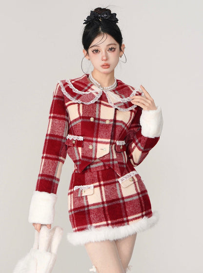 Retro-Jacke mit französischem Spitzenkragen und Karomuster + Doppelrock mit Pelzkaro