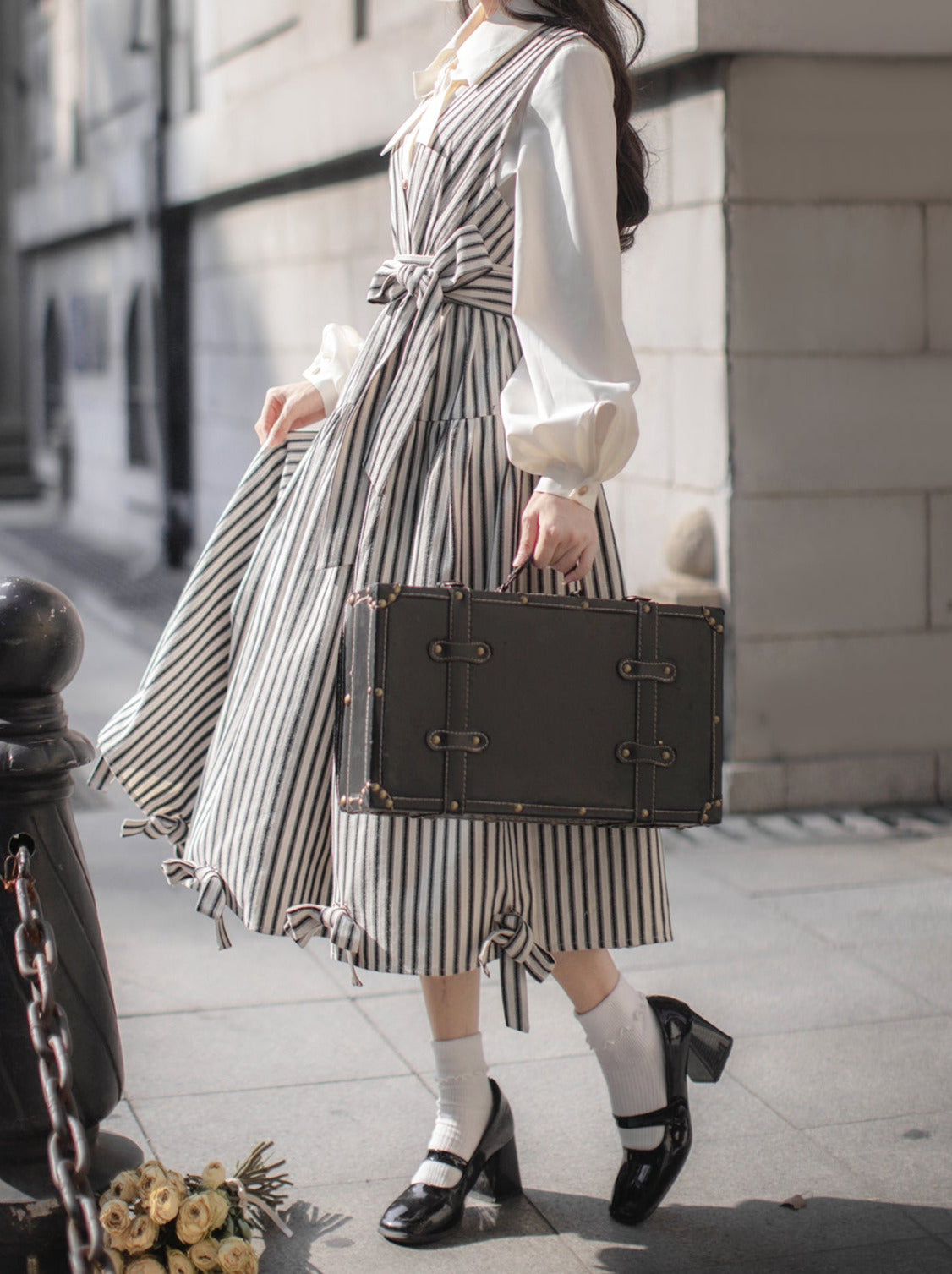Ribbon French V-Neck + Shirt Dress Retro Striped Ribbon