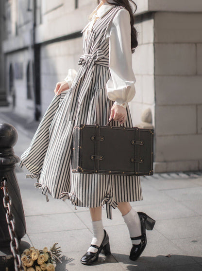 Ribbon French V-Neck + Shirt Dress Retro Striped Ribbon