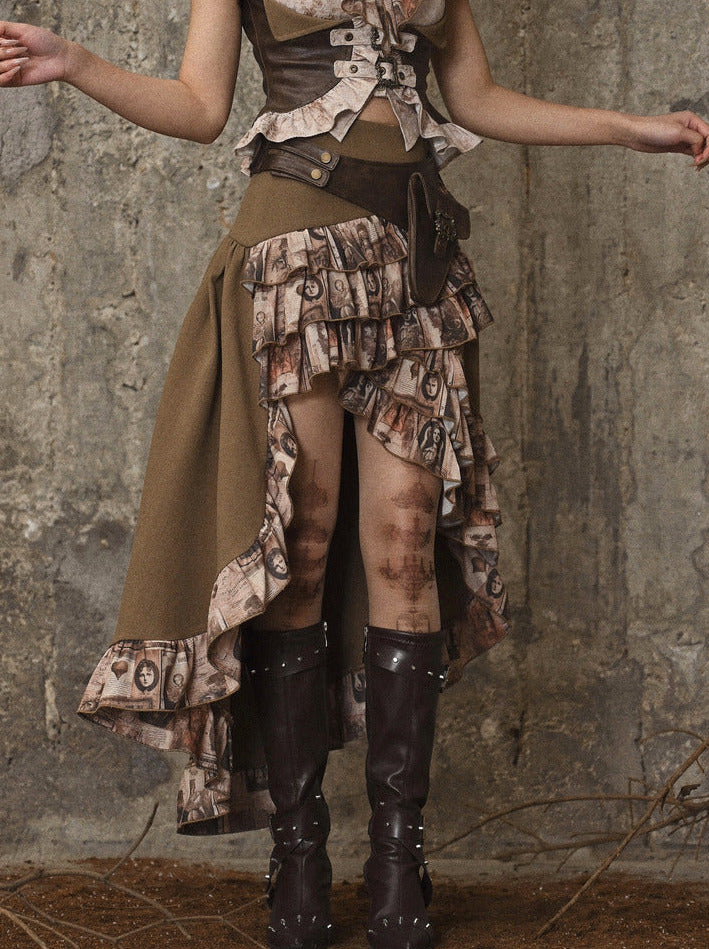 バッグフリルトレーリングスカートPUウエストスチームパンクアンティークレトロ
