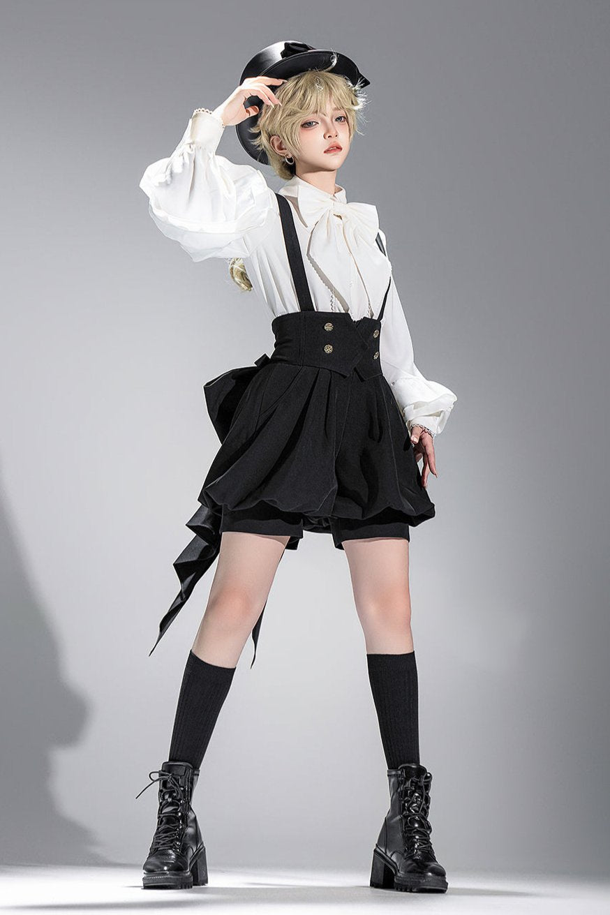 キュート+レトロショートパンツエレガントシャツリボンプリンス予約テールダーク