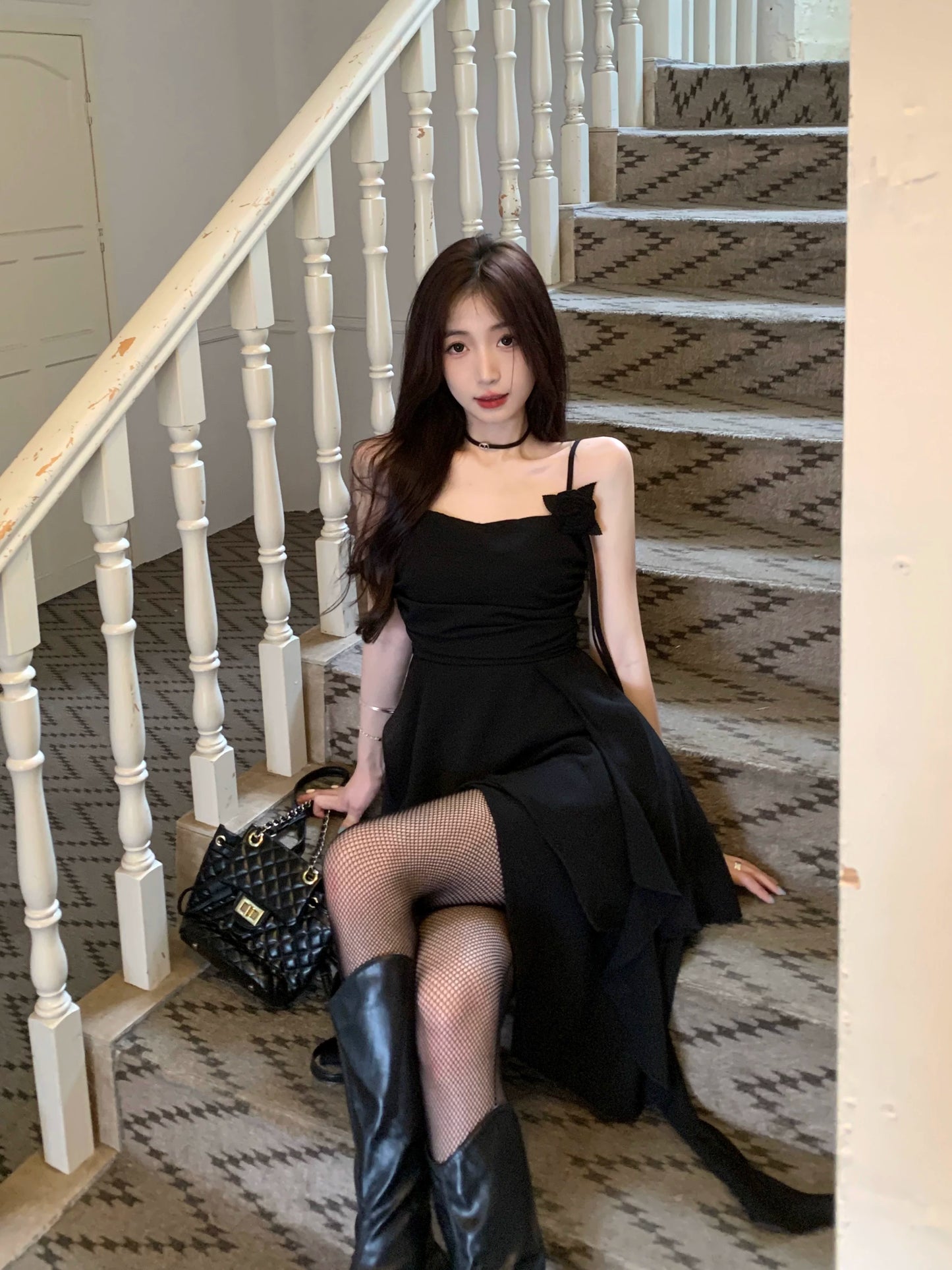 Black Asymmetric Spaghetti Strap Dress - A-Line Silhouette (M-4XL)