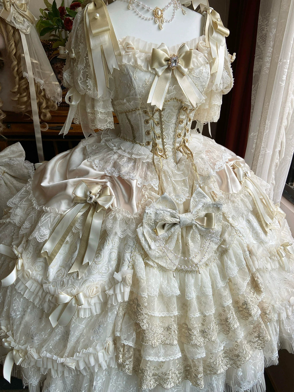 Close view of the ruffled skirt and decorative bodice