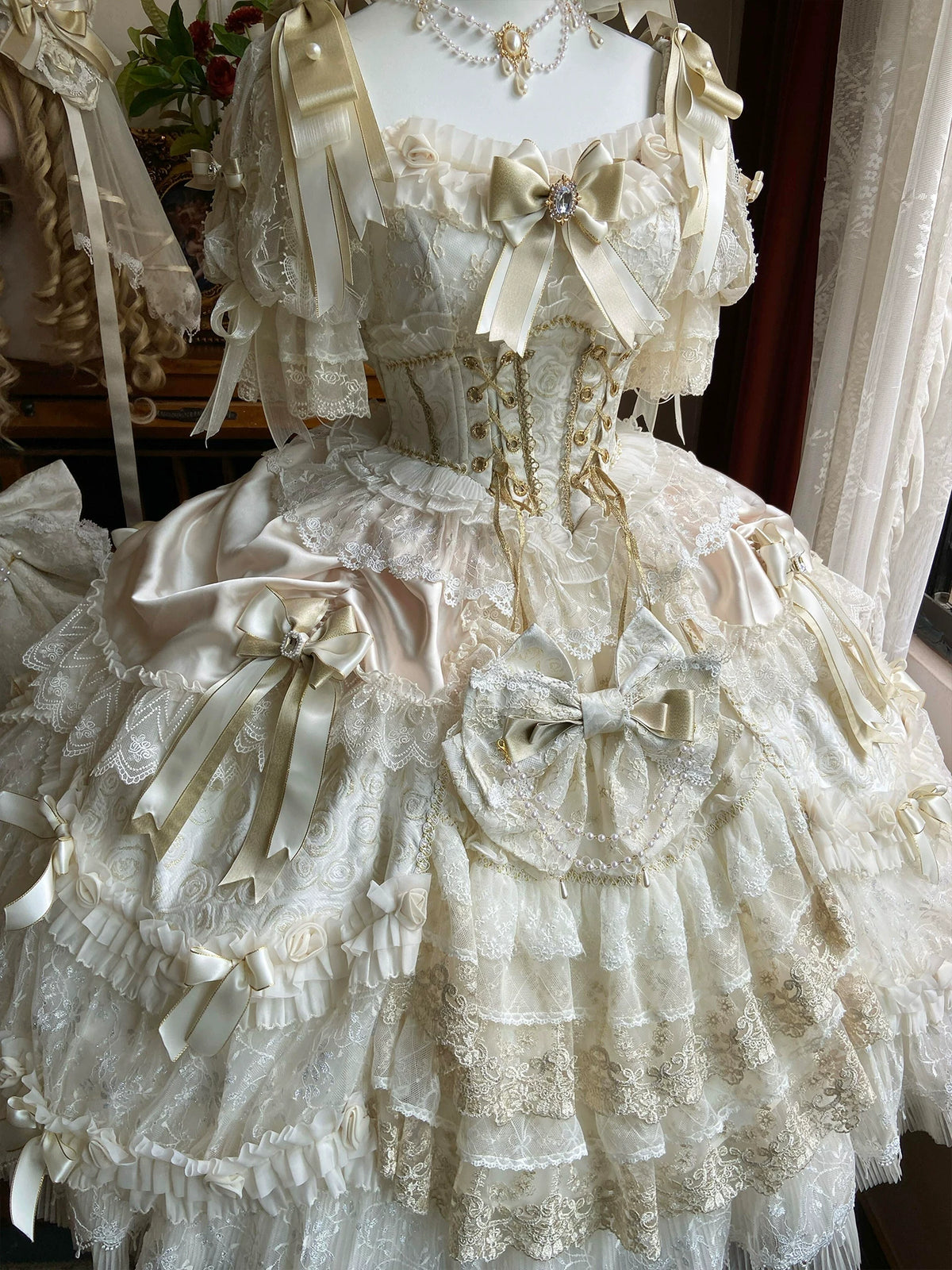 Close view of the ruffled skirt and decorative bodice