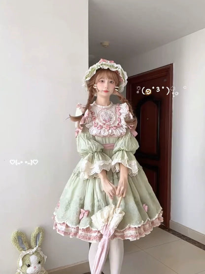 Four Seasons Floral Green Lolita Long Sleeve OP Dress