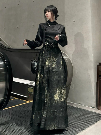 Dunkle China-Bluse + langer China-Rock