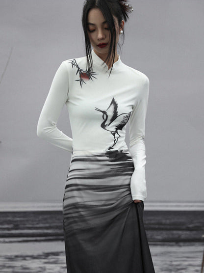 Langes Kleid Malerei Strick Slim China Print Tinte