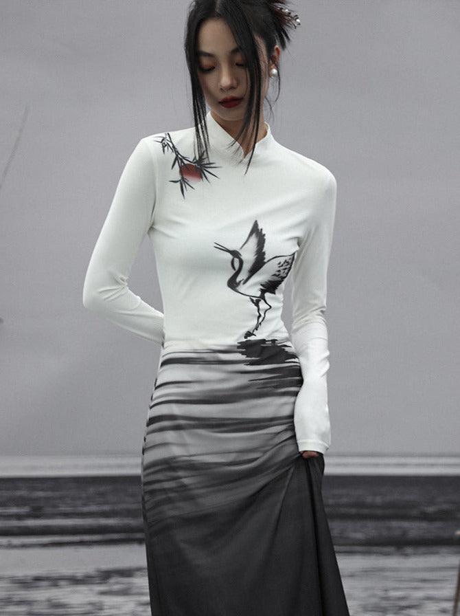 Robe longue en tricot fin imprimé encre de Chine