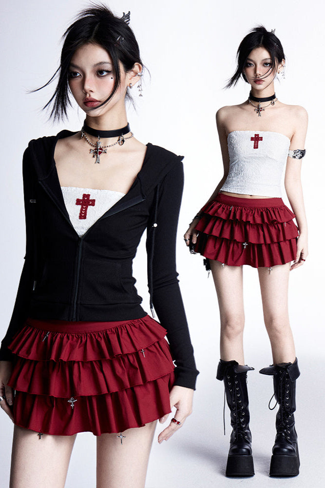 + クロスケーキフリルフーディースカートスリムフード付きトップチューブ