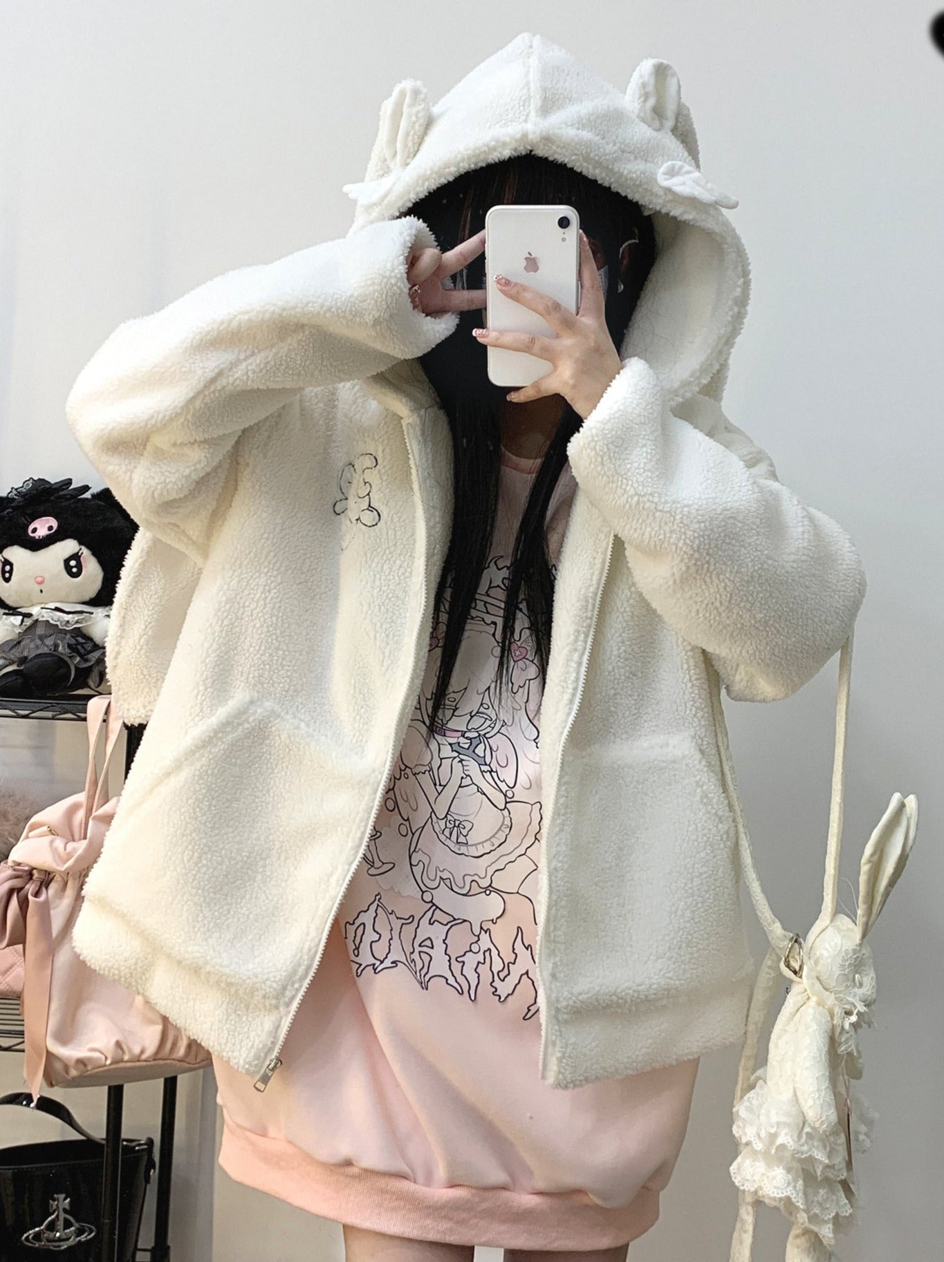 Plush Short/Long Bore Foodie Ears Zip Bunny Jacket