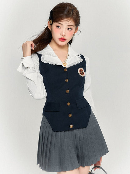 レトロシャツベスト + スリムスカート カレッジプリーツ