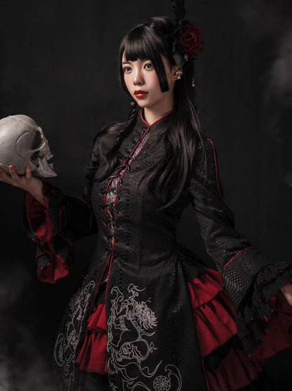 チャイナロリータゴゴシックケープ+ロングジャケット+キャミソール+スカート+ウエストバンド