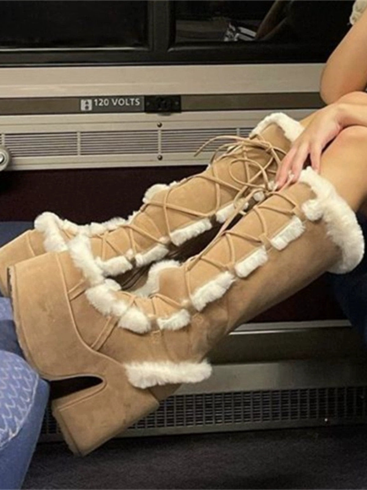 34-46 Y2K Snow Pu Fur Lace-up Thick Heel High Goth Platform Boots