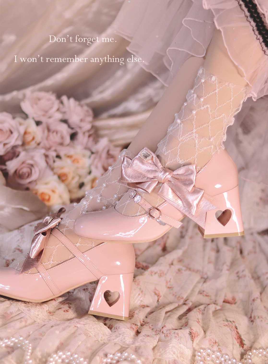 High Ribbon Heart Heel Shoes Ribbon Open Lolita Jewel