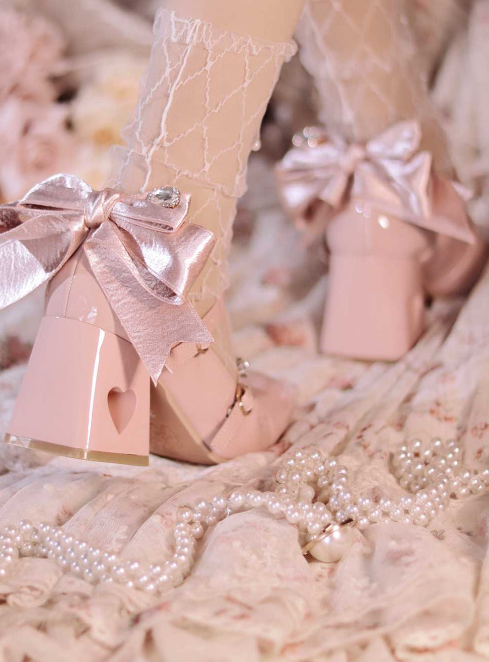 High Ribbon Heart Heel Shoes Ribbon Open Lolita Jewel