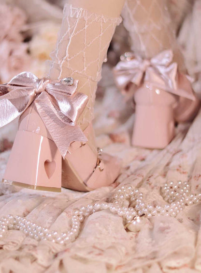 High Ribbon Heart Heel Shoes Ribbon Open Lolita Jewel