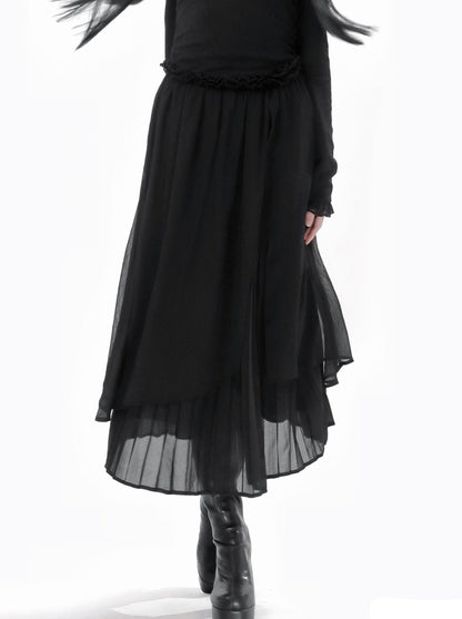 China Hoight Black Knit Springing Waist Frill Turu Dress