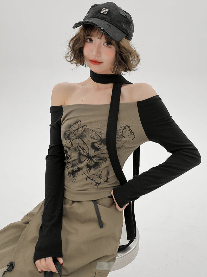 Top Slim One-Line Schal Off-the-Shoulder Print Schmetterling