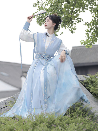 Light Vest Long Design + Blouse China China Belt + Blue China Tassel Skirt