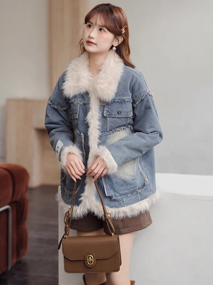 キルティングラペルブルーデニムジャケット