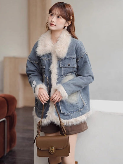 キルティングラペルブルーデニムジャケット