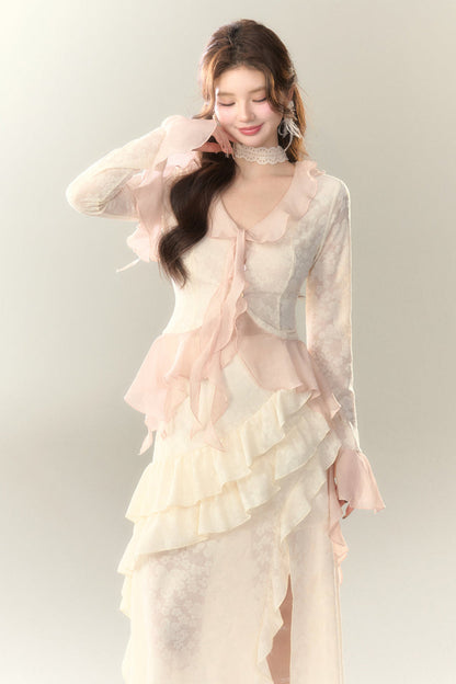 トップス スイート + ロングスカート シアー フリル