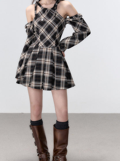 Line Ribbon Suspender Dress French Check