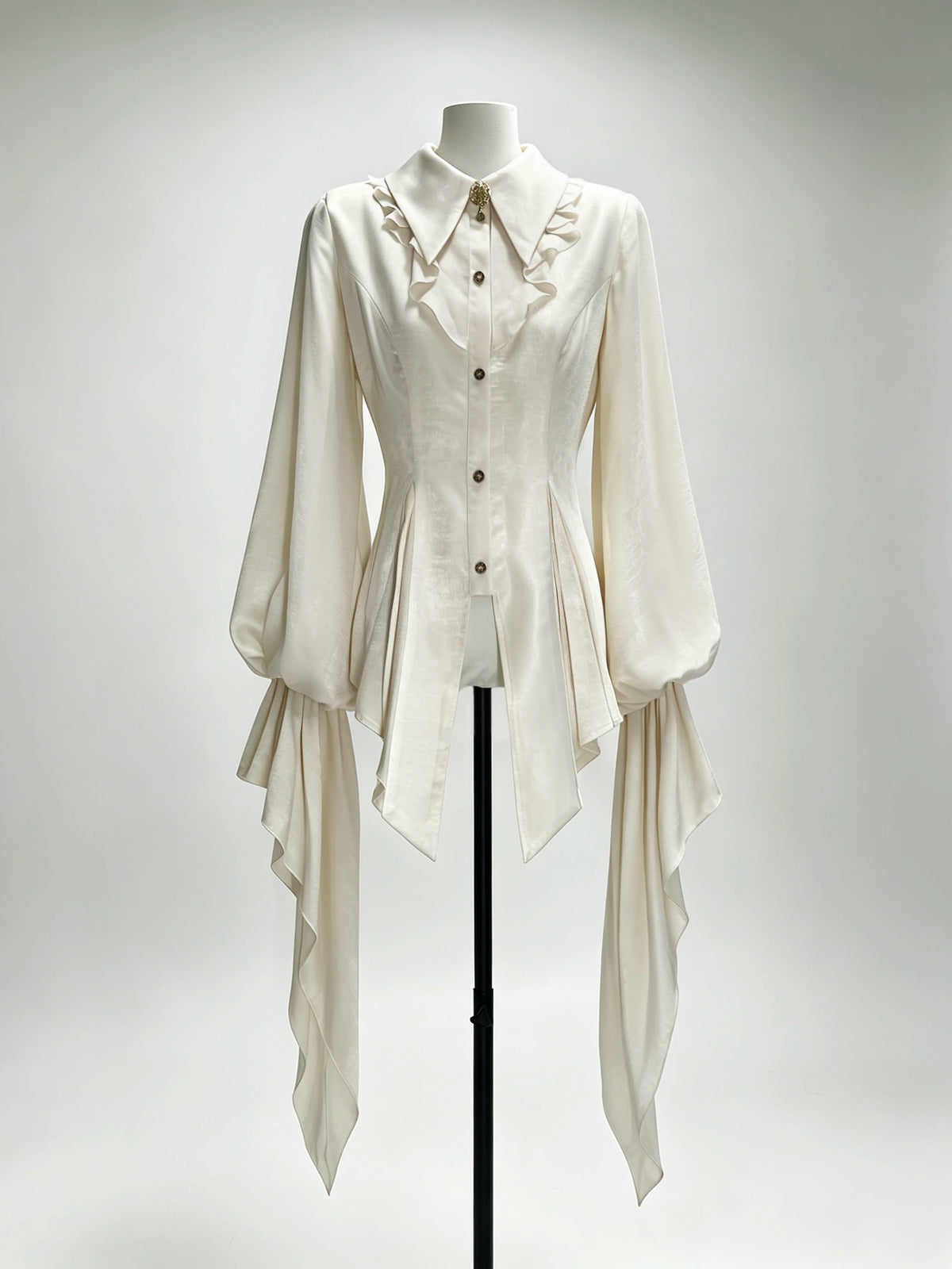 Ivory shirt with brooch, mannequin front view — ZERO The Fool collection